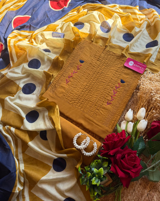 Cotton pintex machine embroidery neck with Mul cotton print dupatta