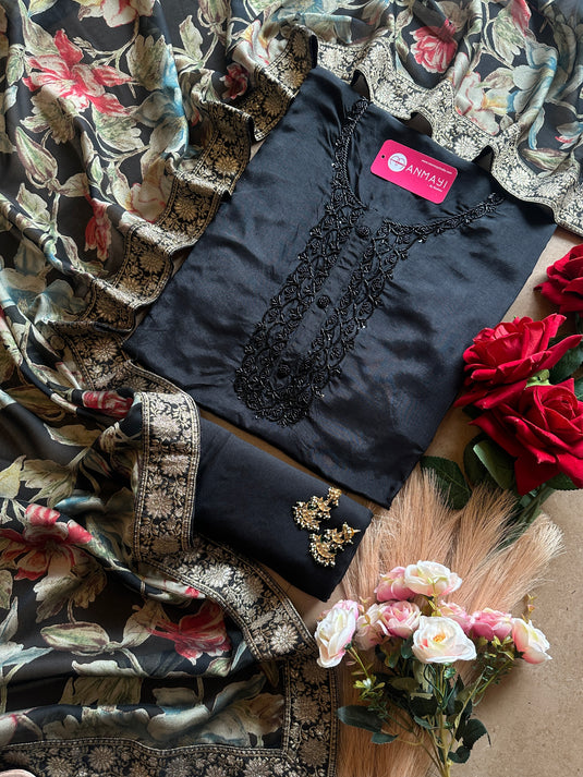 Upada Silk hand embroidered neck suit set with floral chinnon stole