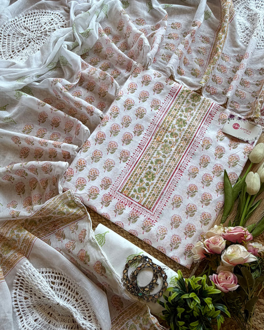 Block print cream cotton suit set with crochet cotton dupatta