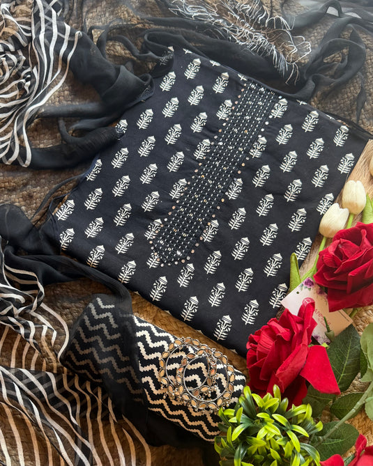 Patterned black and white cotton with chiffon dupatta