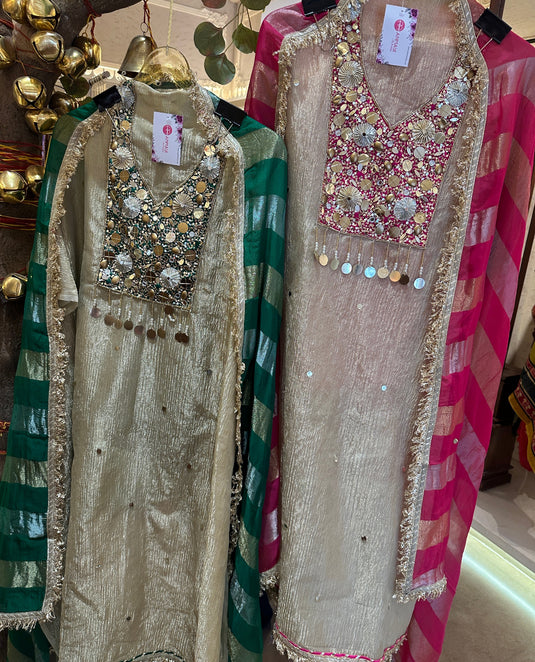 Crushed tissue traditional handwork neck with tassels and Banarasi dupatta