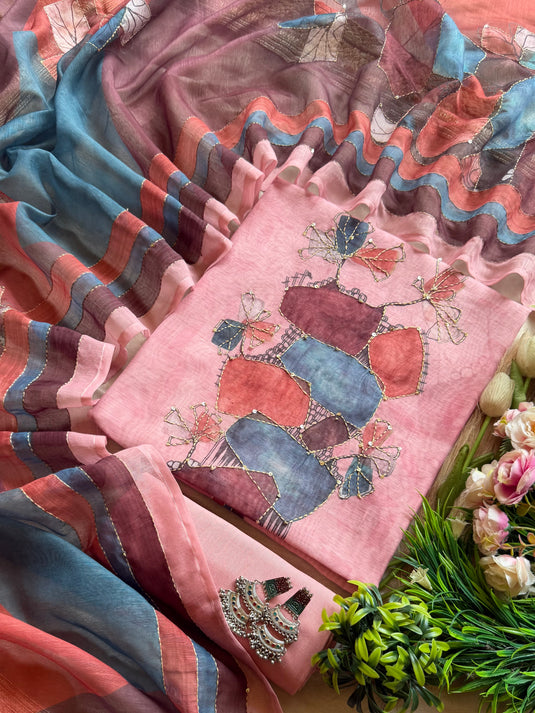 Multi Colour abstract Kantha dupatta with Chanderi suit set