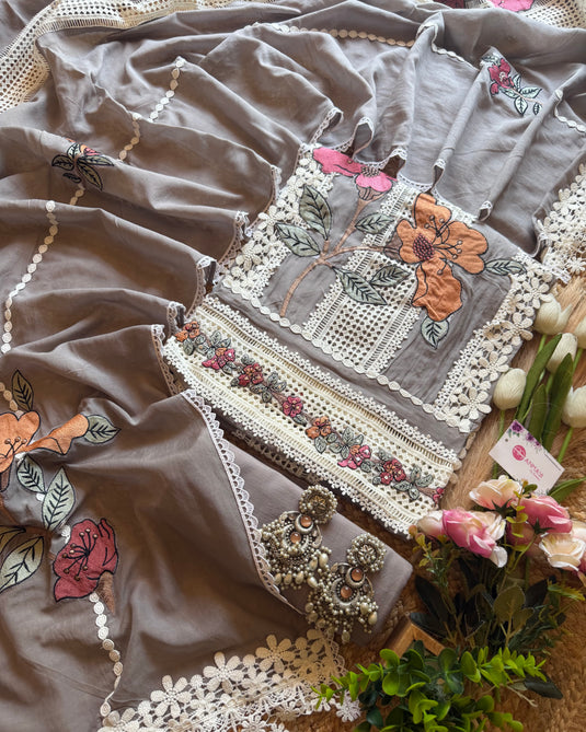 Pakistani crochet Mul cotton patched flower suit set