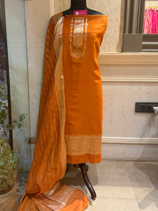 Maharani necklace pure Mul Chanderi suit with zari weave dupatta