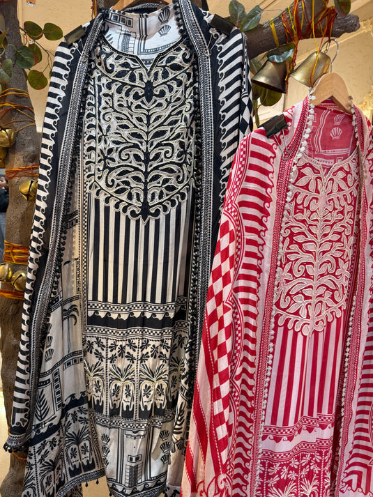 Patterned pearl work pure muslin suit set