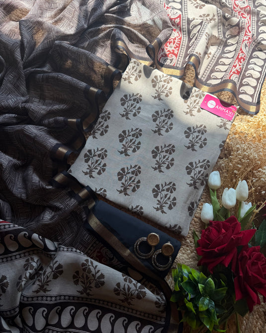 Chanderi cotton black coffee suit set