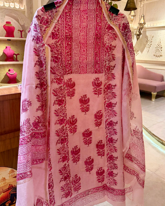 Mughal floral booti block print pure Mul Chanderi suit set
