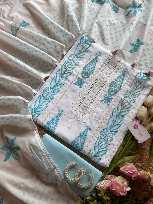 Pure cotton Hakooba block white suit set with mirror neck