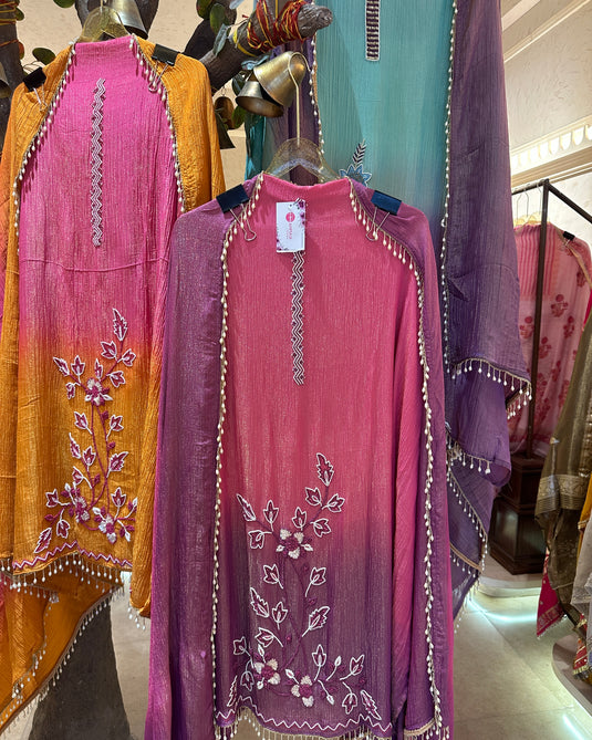 Crushed tissue ombré effect pearl embroidered suit set with tassel lace