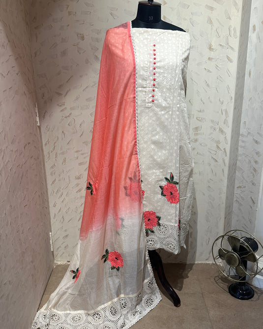 Wool work crochet lace self cotton suit set with ombré kota dupatta