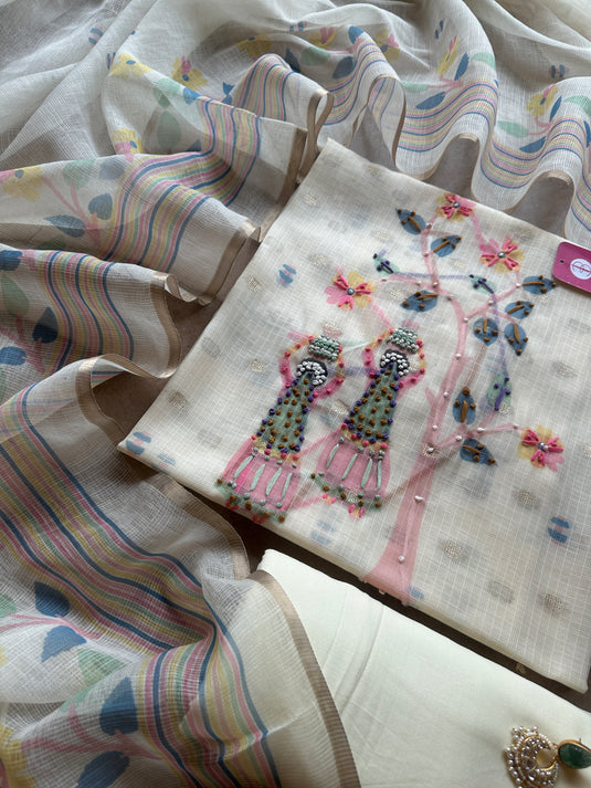Village scene ivory Kota Banarasi suit set