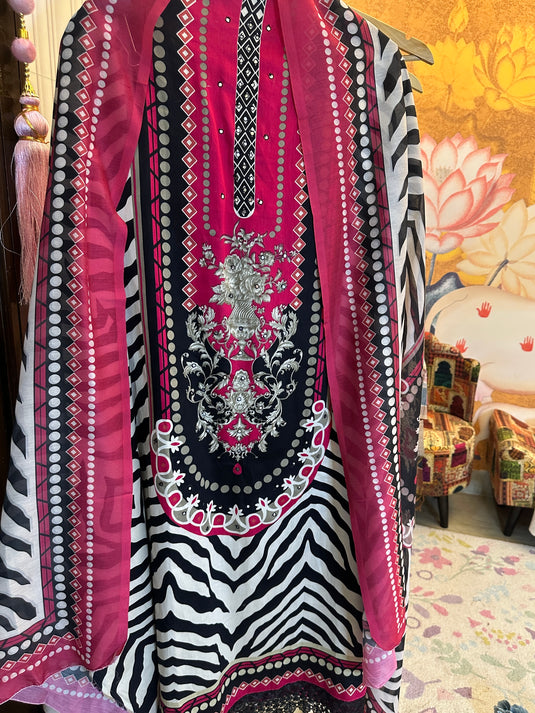 Pakistani zebra print suit sets with mul cotton dupatta