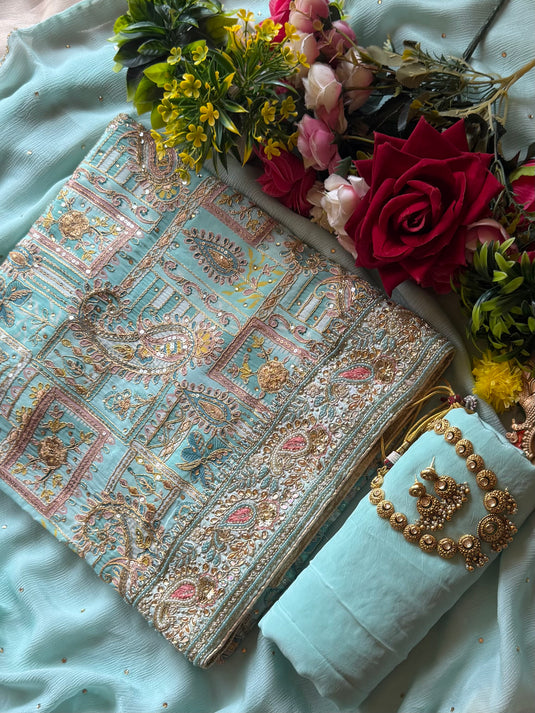 Shagun pure crepe highlighted embroidery suit with chiffon dupatta