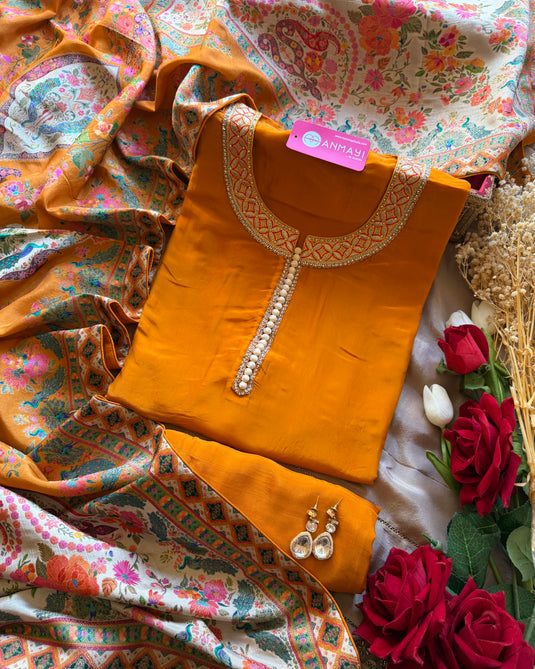 Satin silk potli button suit set with Jamawar stole