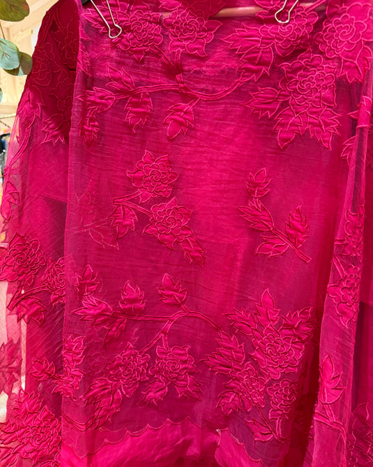 Pure Organza applique work suit set with soft net dupatta