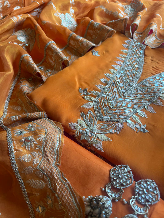 Georgette mirror work suit set with Banarasi jacquard dupatta