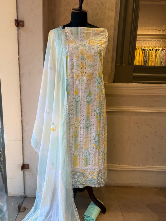 Shaded pastel crochet work cotton suit with cotton dupatta