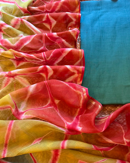 Ombré shaded pure mul chanderi suit with contrast bottom and Shibori dyed dupatta