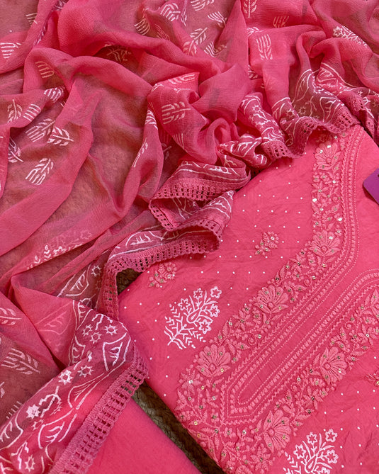 Lucknawi Chikankari pure cotton block print suit with chiffon dupatta