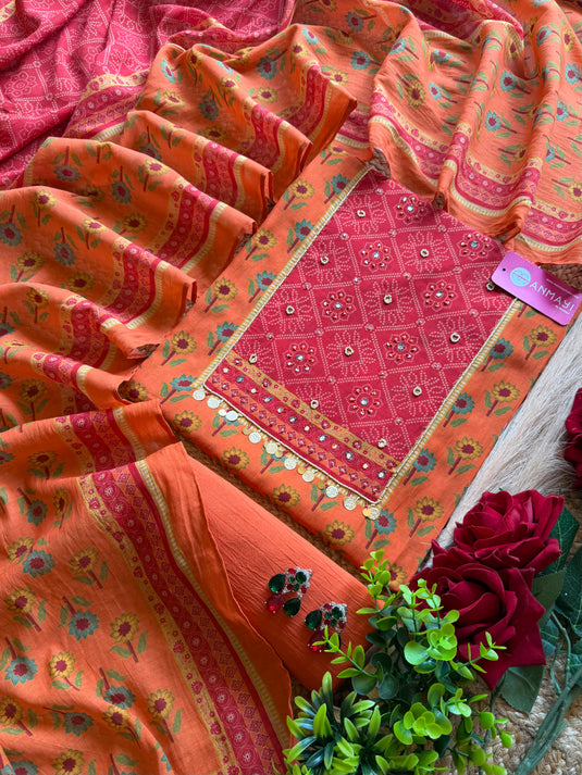Floral Bandhani fusion mul cotton suit set