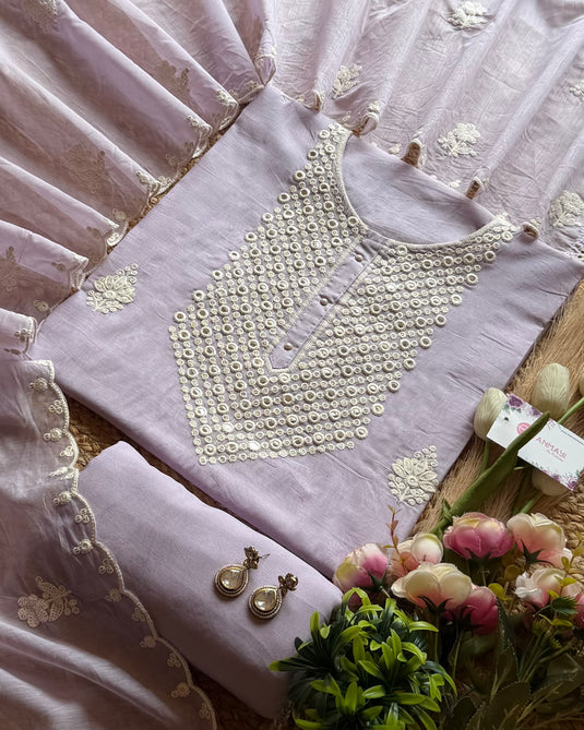 Paper mirror work pastel festive Mul Chanderi suit set