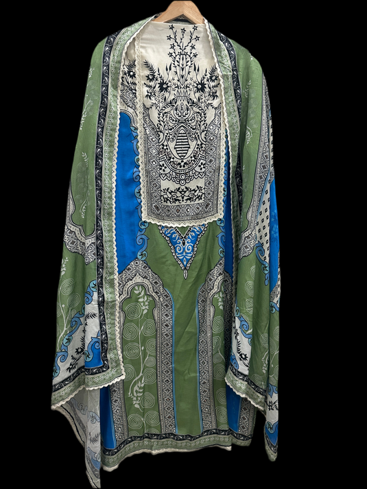 Pakistani style pure muslin semi stitched suit with mirror work