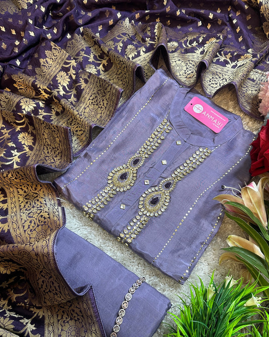 Pure Upada Silk Mukaish kamdani shirt with Kundan work and Banarasi dupatta