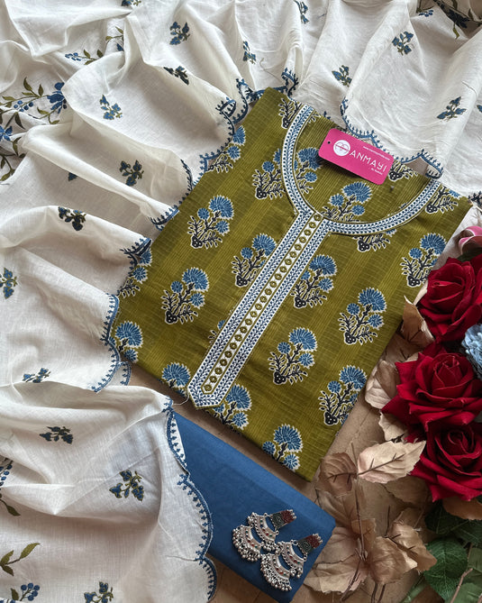 Block print combination suit set with embroidered cotton silk dupatta