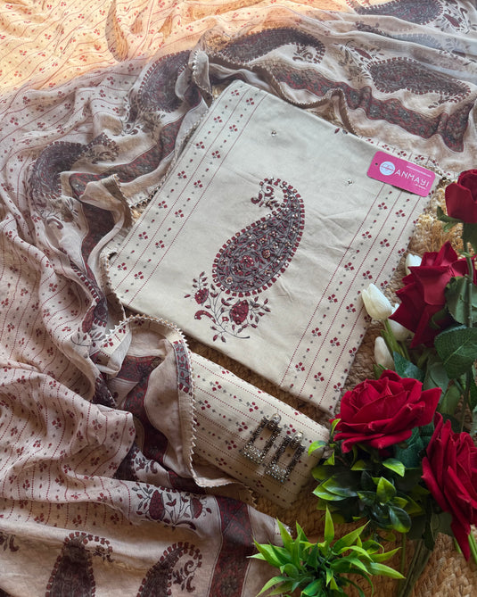 Beige maroon pure cotton suit set with chiffon dupatta