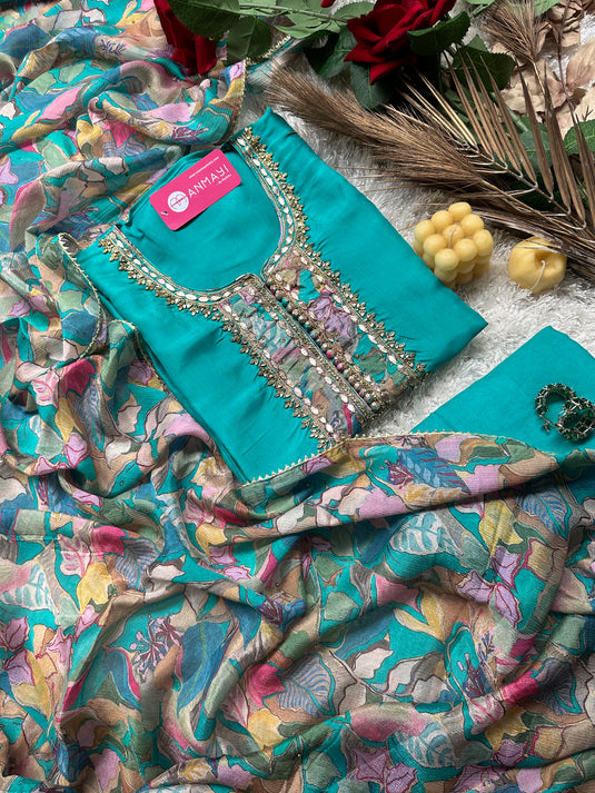 Pure upada silk Kundan work suits with chinnon print dupatta