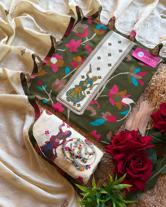 Dandiya Cambric cotton suit set with embroidered bottom and dupatta