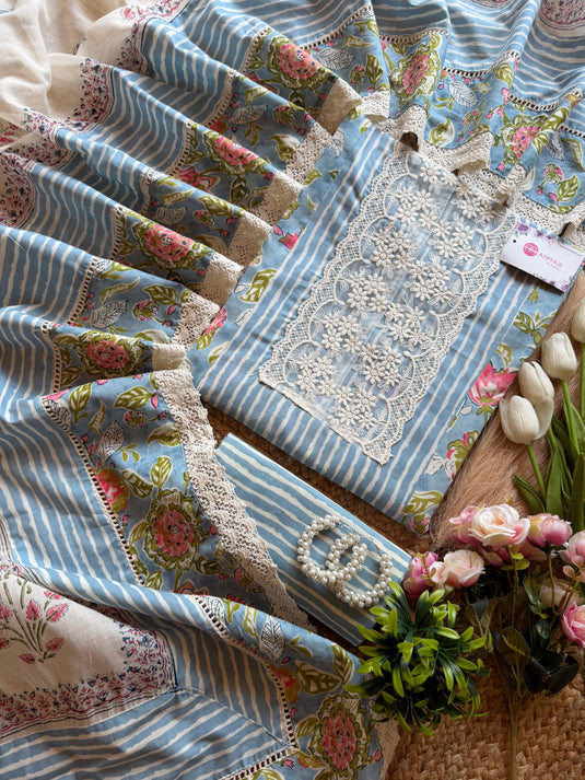 Lace neck French print cotton suit set
