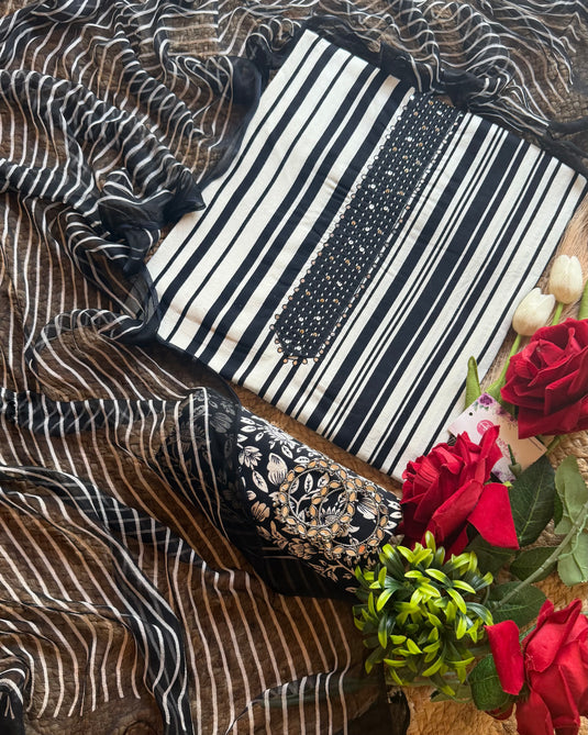 Patterned black and white cotton with chiffon dupatta