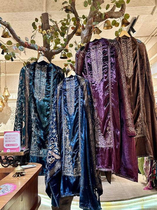 Pakistani velvet suit set with braso stoles