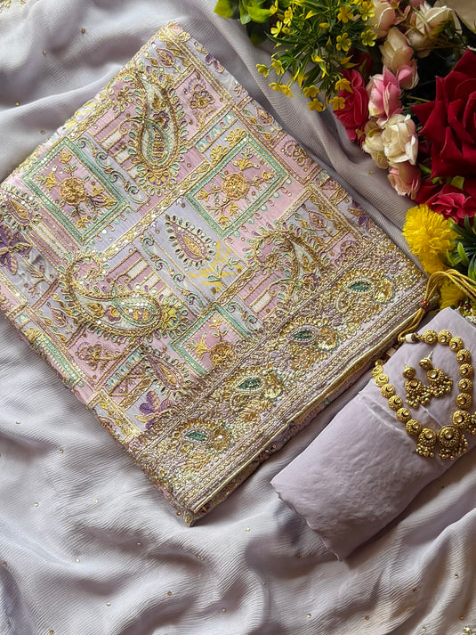 Shagun pure crepe highlighted embroidery suit with chiffon dupatta