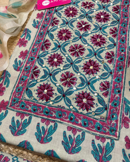 Kantha neck cambric cotton printed suit with Kota dupatta