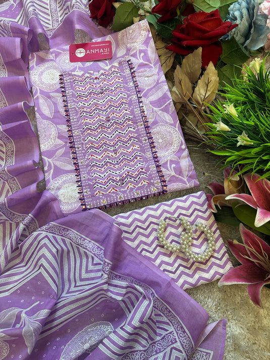 Lilac floral print pure cotton suit with mul dupatta