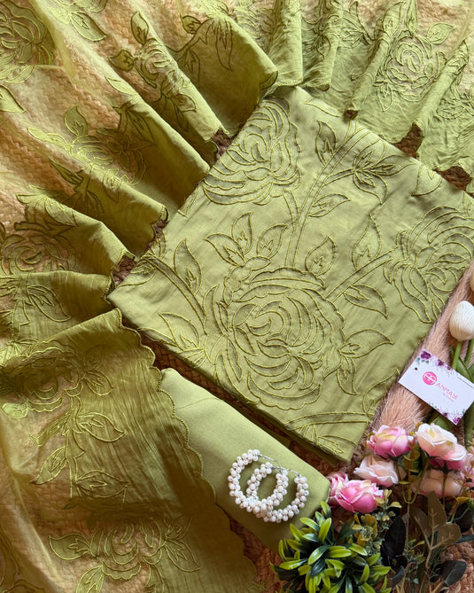 Cutwork organza bright Mul Chanderi suit set