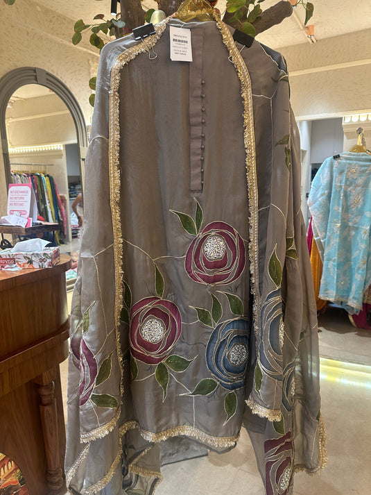 Handpainted highlights pure organza suit set with fringe laces