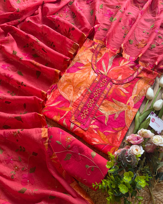 Leafy bold pure cotton Pakistani suit set with embroidered Salwar and dupatta