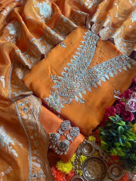 Georgette mirror work suit set with Banarasi jacquard dupatta