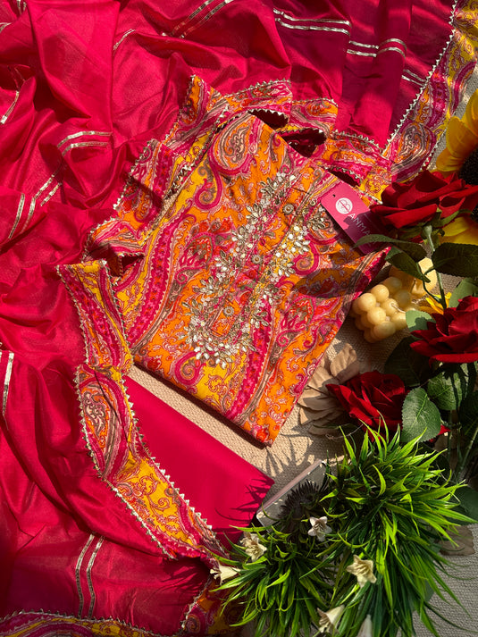 Arabic print pink yellow Cambric cotton suit