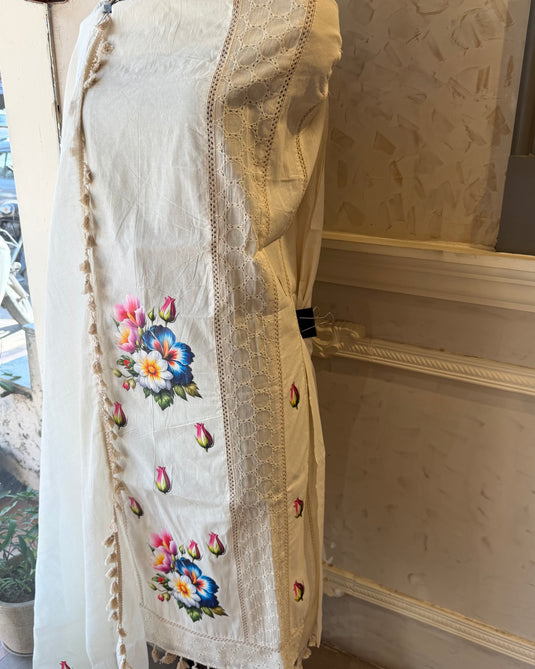 Hakooba cotton cream suit with digital flower work and tassels