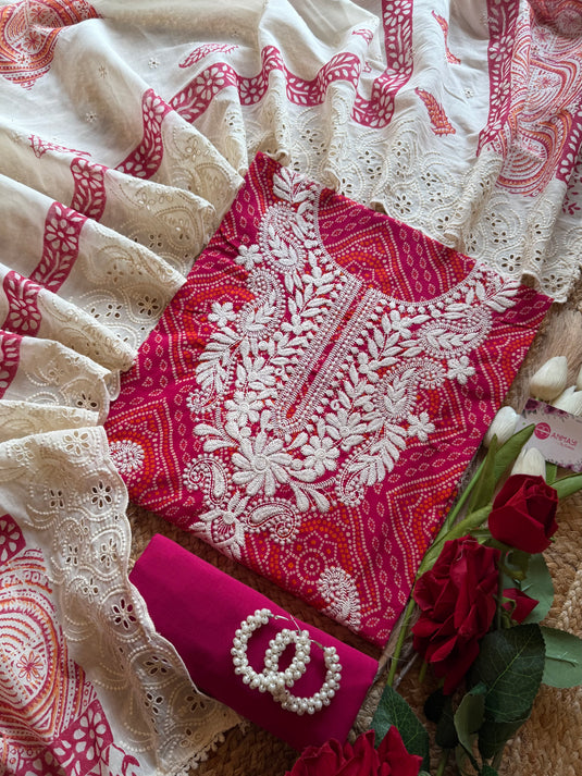 Traditional Bandhani pure cotton suit set with chikan neck