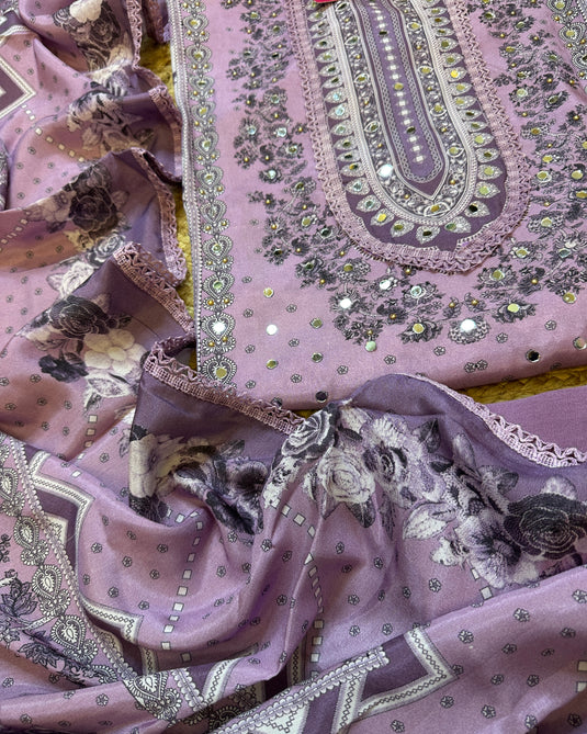 Real mirror work Pakistani muslin suit set
