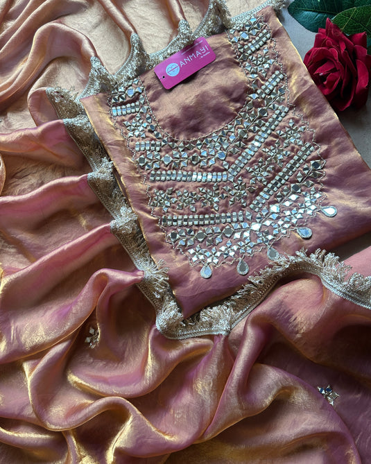 Mirror work rose gold shimmer silk suit set with fringe lace details