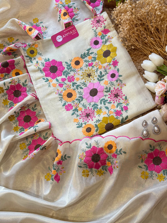 Shimmer ivory suit with flower Parsi embroidery