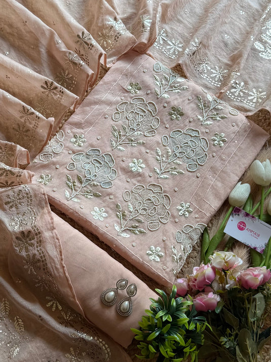 Pearl pita detailed Mul Chanderi Suit set