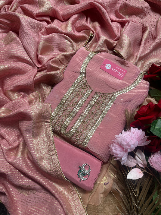 Crushed tissue silk suit with gotta neck work and Banarasi dupatta