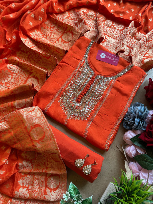 Upada silk gotta mirror work suit set with banarasi silk dupatta